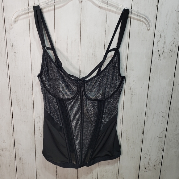 Coquette Silver Fox Boned Shimmer Knit Bustier Size Large Black Mesh Strappy. - Picture 2 of 8